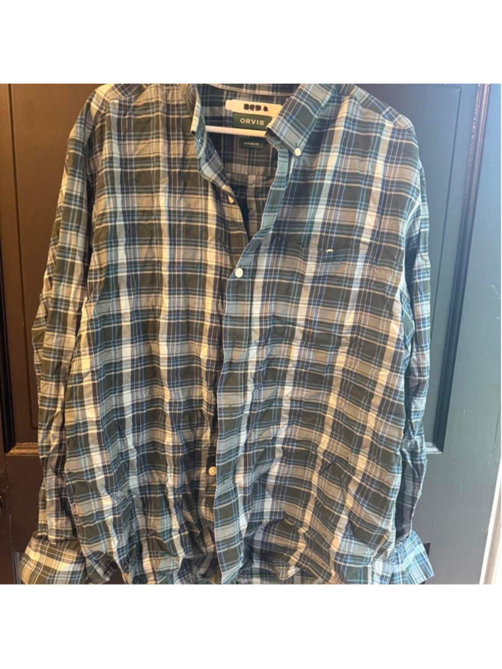 Orvis green, white, and blue plaid shirt. XL